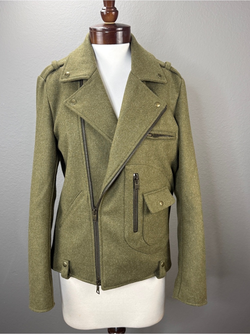 Mauro Grifoni Green Embroidered Moto Jacket Sz 48 Wool Blend Military Italian